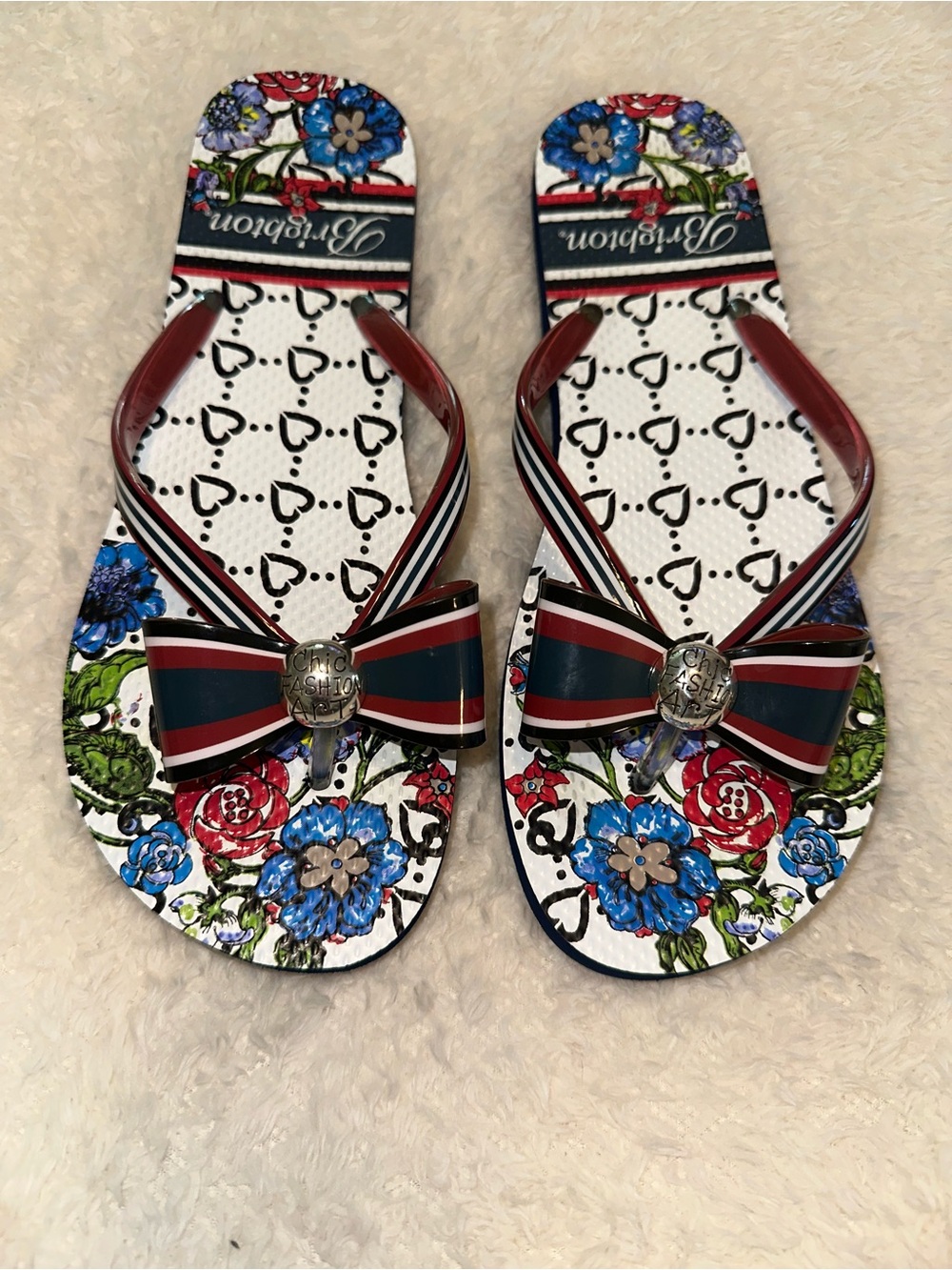 BRIGHTON Striped Bow Floral Flip Flop Sandals - Red, Navy, White